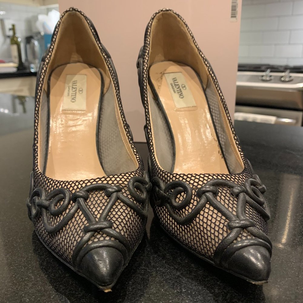 Valentino Sz 40 Leather and Fishnet Heels
